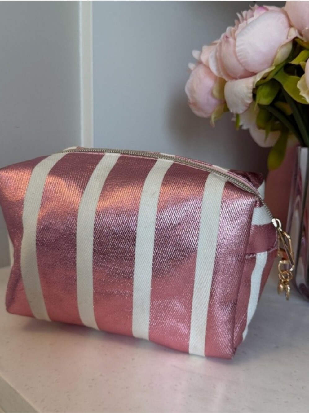 Mehallic Striped Pink Cosmetic Zip Pouch 🩷🤍